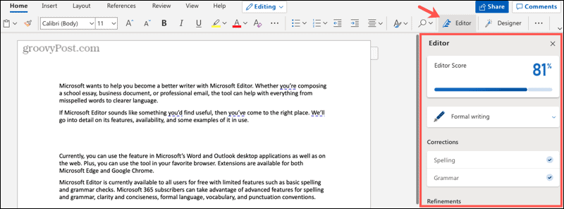 Microsoft Editor v Wordu v spletu