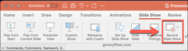 Možnosti snemanja diaprojekcije v programu PowerPoint na Macu