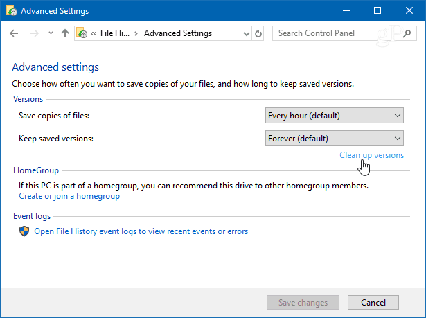 Čiščenje različic Windows 10 Zgodovina datotek