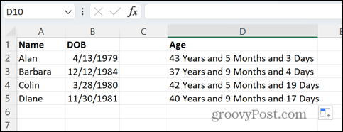 excel starosti v letih, mesecih in dnevih