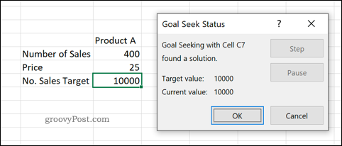 Predogled orodja za iskanje ciljev v Excelu