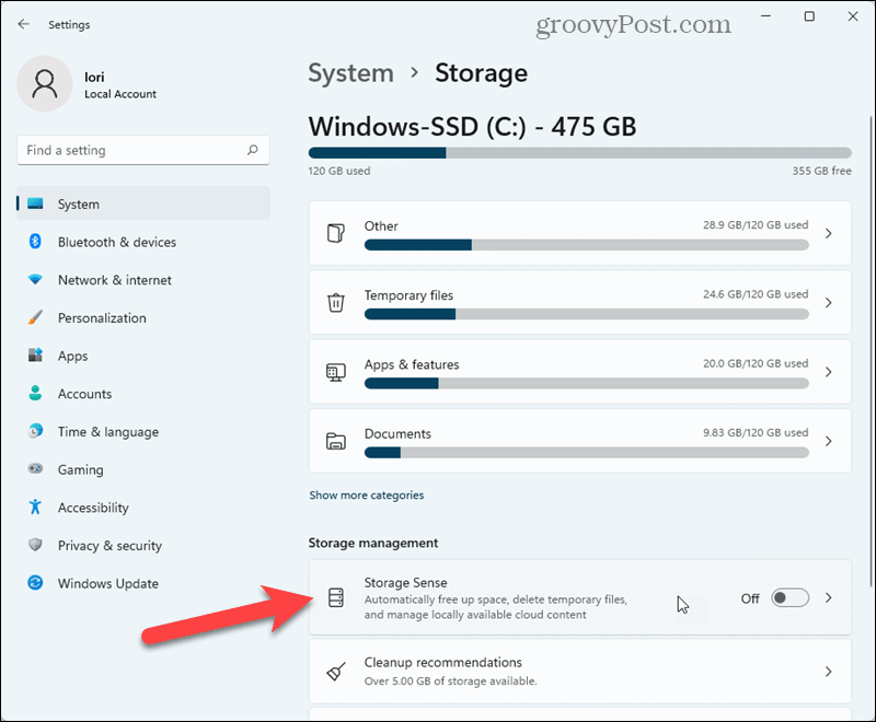 V nastavitvah sistema Windows 11 kliknite Storage Sense