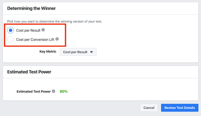Določanje razdelka zmagovalca A / B testa za Facebook Experiments