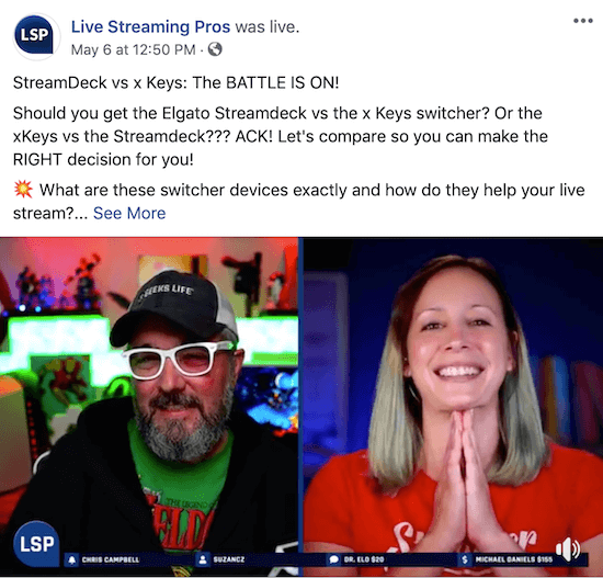 posnetek zaslona oddaje Facebook Live na Facebook strani Live Streaming Pros