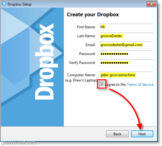 Zaslon zaslona Dropbox - vnesite podatke o vašem računu