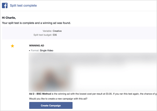 Ko je preizkus razdeljenega Facebooka končan, prejmete e-poštno sporočilo.