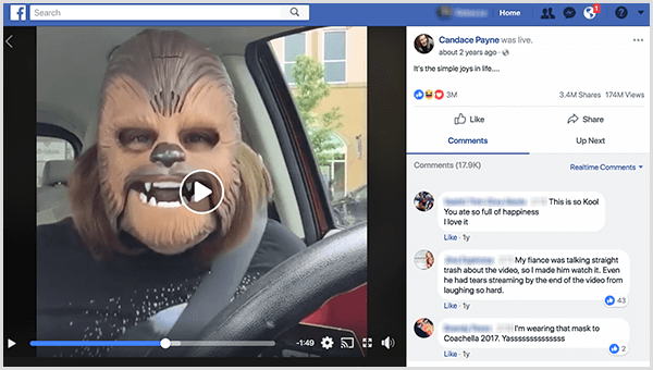 Candace Payne se je na Facebooku v živo oglasila v maski Chewbacca s Kohlovega parkirišča. V času nastanka tega posnetka zaslona je imel njen videoposnetek 3,4 milijona delitev in 174 milijonov ogledov.