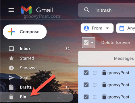 Odpiranje mape Trash (Bin) v Gmailu