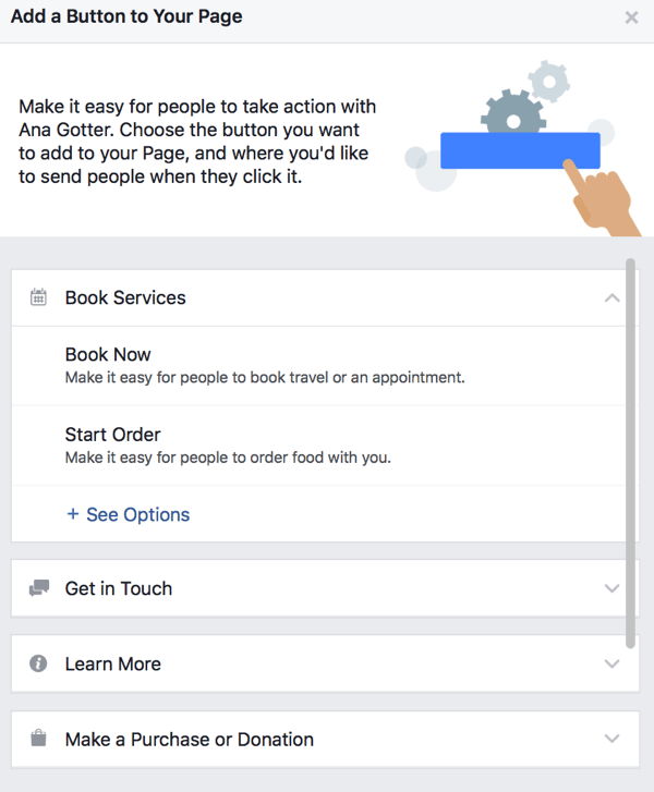 Izbirate lahko med velikim številom gumbov CTA za svojo Facebook stran.