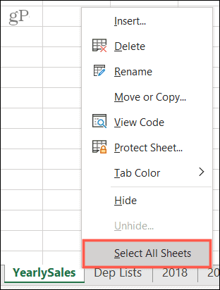 Izberite Vse liste v Excelu
