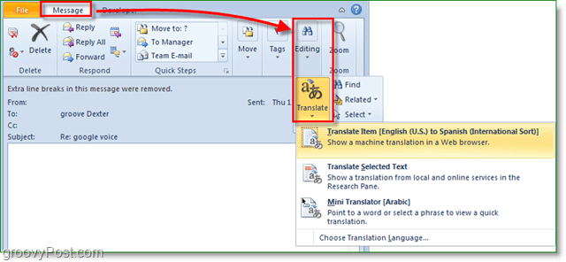 v Outlooku se gumb za prevod nahaja na drugem mestu, kjer je?