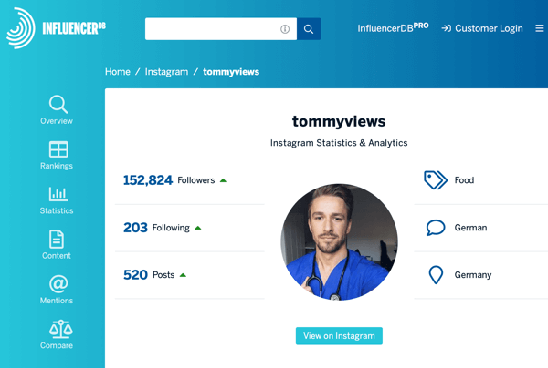 Kako zaposliti plačane družbene vplivneže, primer profila InfluencerDB za tommyviews