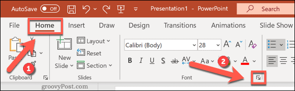 Dostop do menija Možnosti pisave v programu PowerPoint v sistemu Windows