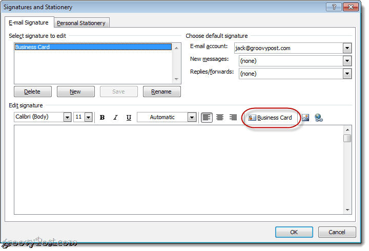 V e-poštni podpis Outlook 2010 priložite vizitko