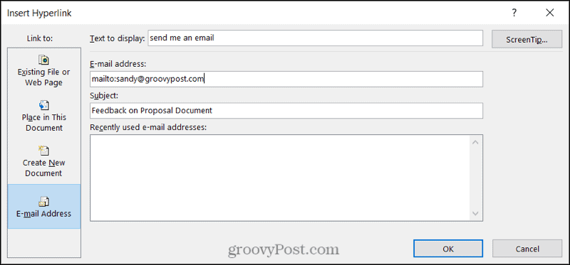 Povezava do e-poštnega sporočila v Wordu v sistemu Windows