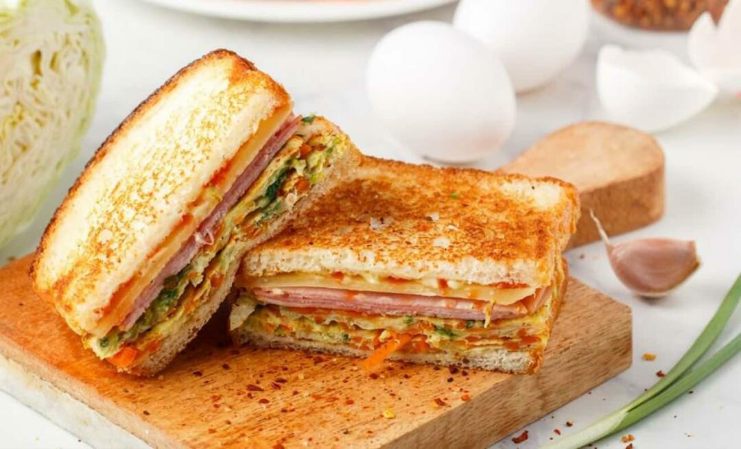 Kako narediti jajčni sendvič Tukaj je recept za jajčni sendvič z veliko sestavinami