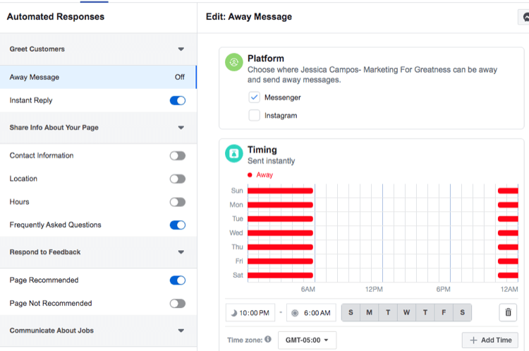 posnetek zaslona nastavitev časa za samodejni odziv na sporočilo Facebook Messenger