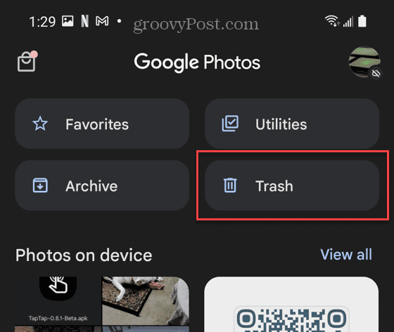 Gumb za smeti Google Photos