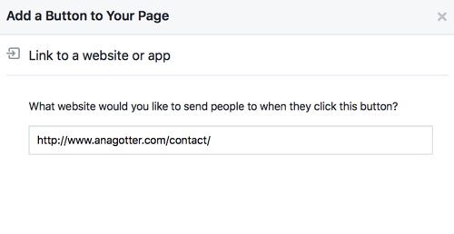 Dokončajte nastavitev gumba CTA za Facebook s povezavami ali kontaktnimi podatki, da bo popolnoma funkcionalen.