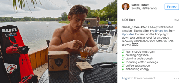 Športnik Daniel Rutten pozira z Man Tea in poudarja prednosti svojih sledilcev na Instagramu.