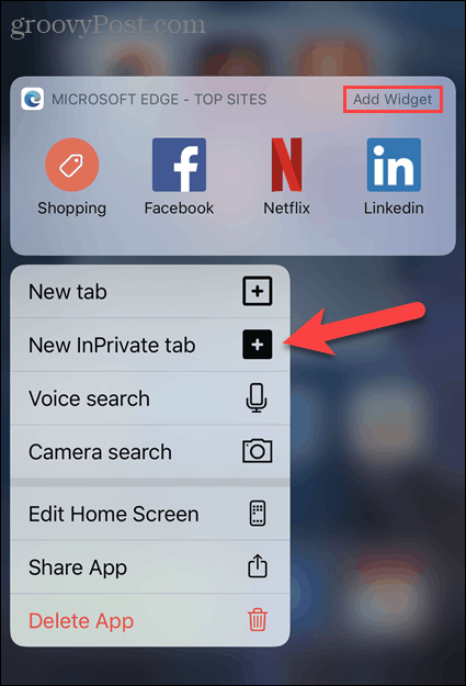 V ikoni Edge v iOS izberite Nov zavihek InPrivate