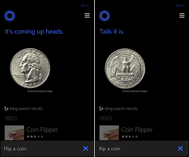 Cortana vrzi kovanec