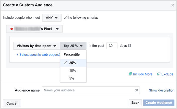 Facebook Pogovorno okno Ustvari ciljno skupino po meri ima možnosti za ciljanje oglasov na stranke, ki so največ časa preživele na vašem spletnem mestu.