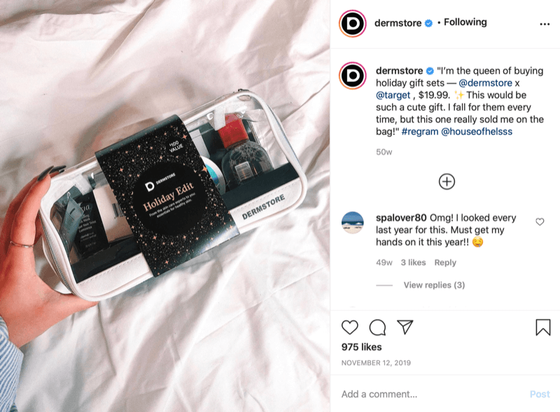 primer sezonskega darila @dermstore, ki ga najdemo in delimo prek objave v Instagramu, pri čemer zabeležimo prodajno ceno in označimo @target, kje poteka prodaja