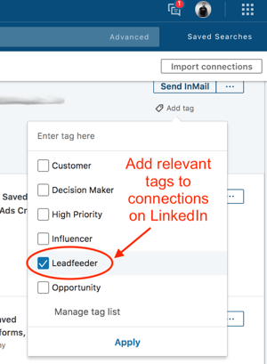 Označevanje stikov v LinkedIn Sales Navigatorju.