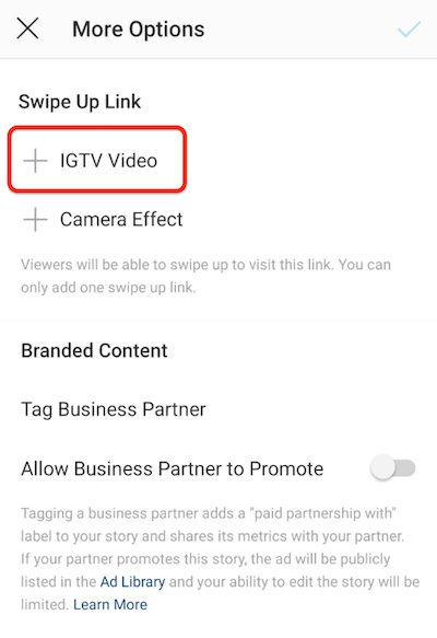 možnosti menija v instagramu, da dodate povezavo povlecite navzgor z označeno možnostjo IGTV video