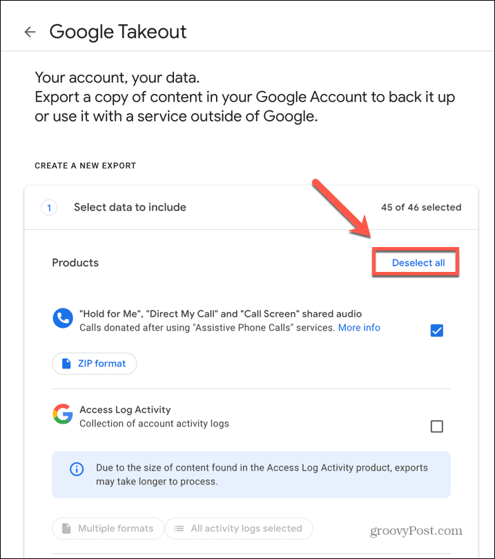 google takeout prekliči izbiro