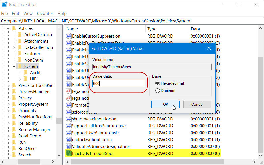 Registracijski sistem Windows 10 Home različica InactivityTimeoutSecs