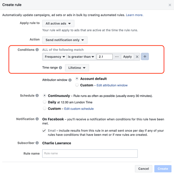 Uporabite samodejna pravila Facebooka, obvestila, ko je pogostost oglasov nad 2.1, korak 2, nastavitve pogojev