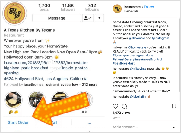 primer poslovne objave v Instagramu, ki uporabnikom prikazuje, kako uporabiti akcijski gumb Začni naročilo