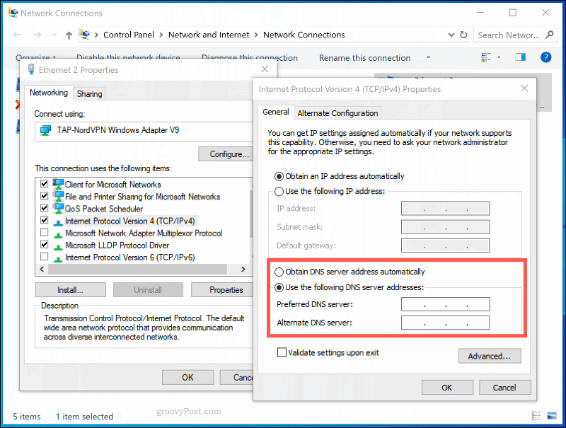 Okno z nastavitvami DNS za omrežno povezavo v sistemu Windows 10
