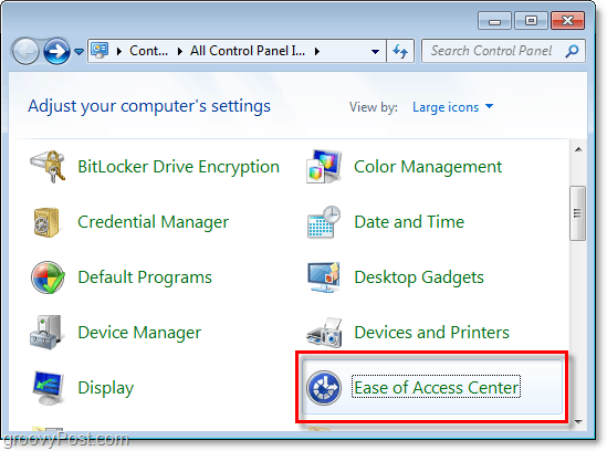 Skozi nadzorno ploščo Windows 7 pojdite v center za enostavnost dostopa