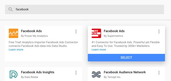 Uporabite Google Data Studio za analizo oglasov na Facebooku, korak 4, možnost uporabe konektorja Facebook Ads iz Supermetrics kot vira podatkov