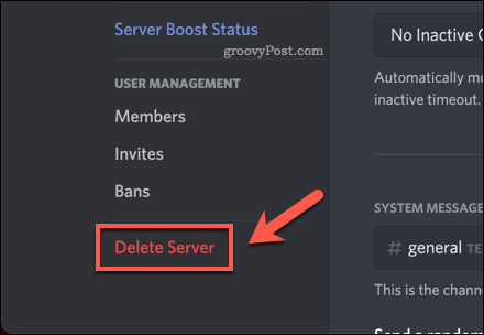 Možnost Discord delete server