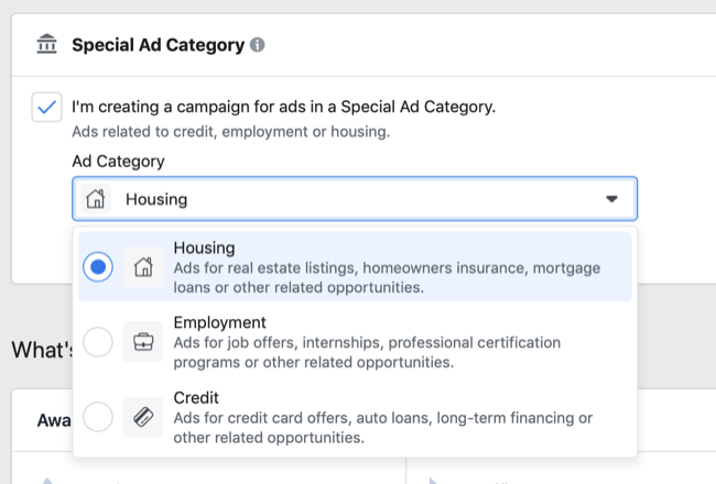 Možnosti posebne kategorije oglasov Facebook v spustnem meniju Kategorija oglasov