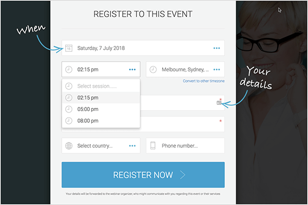 Andrew Hubbard uporablja zimzeleni webinar, da lahko potencialni uporabniki izberejo primeren čas registracije. Ta obrazec za registracijo omogoča ljudem izbiro med 11.45, 14.00 ali 17.00.