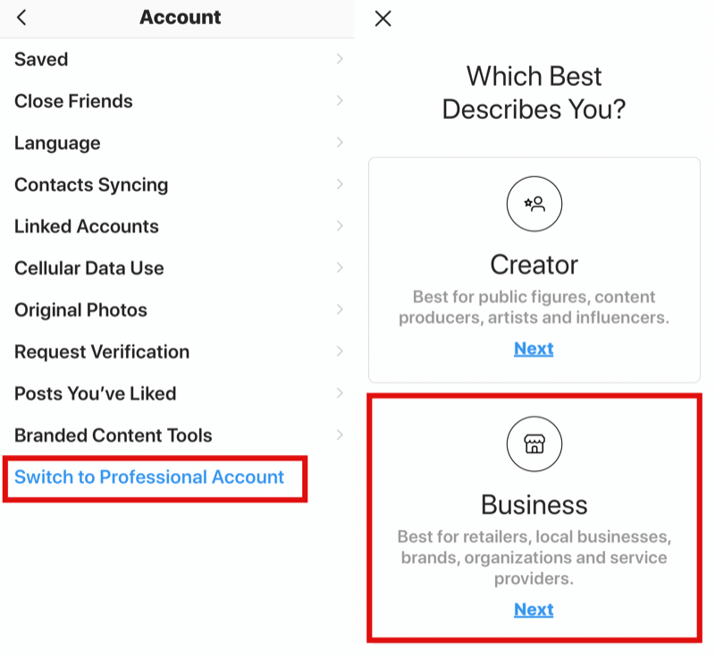 kako preklopiti z osebnega profila Instagram na poslovni profil