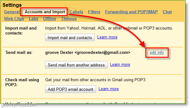 kliknite svoje google e-poštne račune in uvozni gumb ter nato uredite informacije