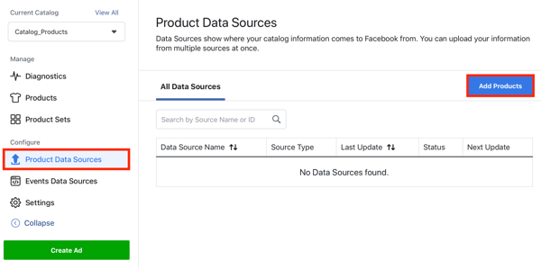 Z orodjem za nastavitev dogodkov Facebook, korak 22, možnost menija dodajte izdelke prek zavihka viri podatkov o izdelkih v Facebooku