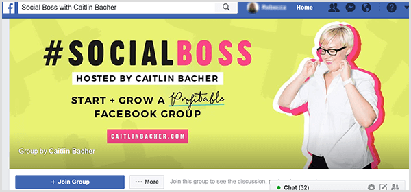 Naslovna fotografija skupine Facebook za Social Boss, ki jo gosti Caitlin Bacher, ima rumeno podlago, roza poudarke na besedilu in fotografijo, na kateri Caitlin povleče ovratnik srajce.