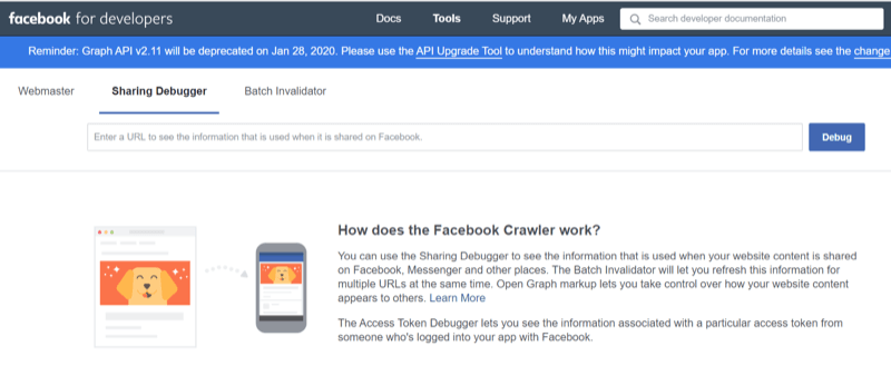 1. korak uporabe orodja za odpravljanje napak Facebook Sharing