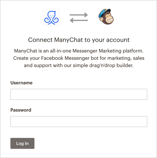Prijavite se v svoj račun MailChimp prek ManyChat.
