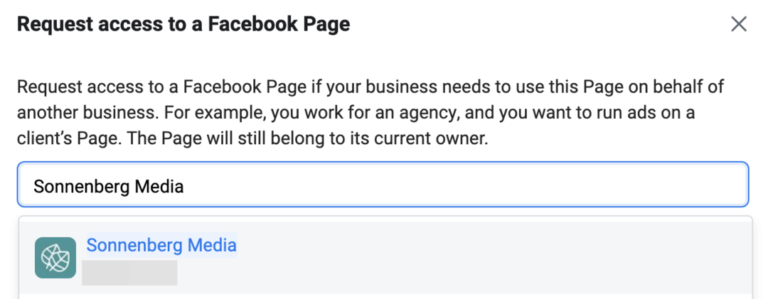 slika zaslona Zahtevaj dostop do Facebook strani v Meta Business Managerju
