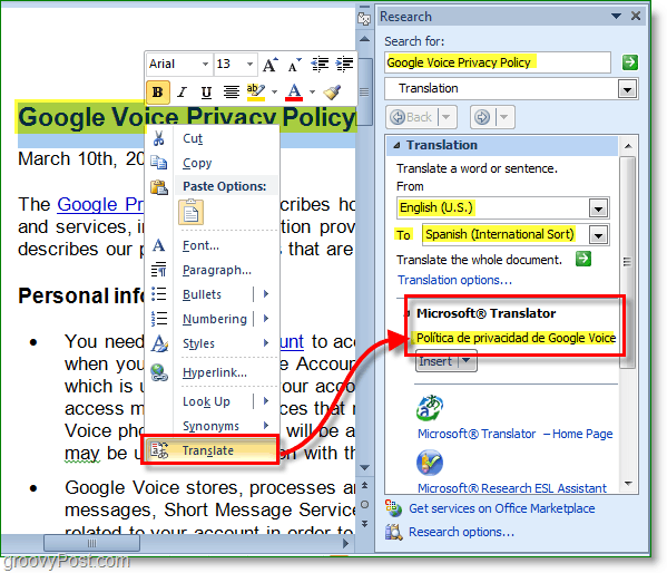 Office 2010 lahko prevaja tudi posamezne besede in izraze
