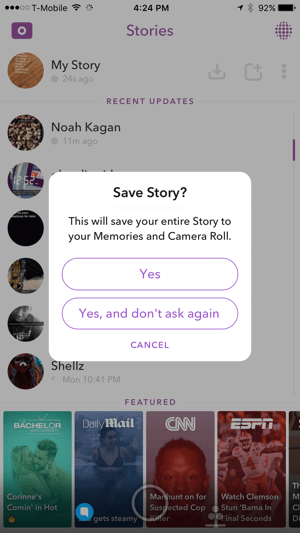 Tapnite Da, da shranite svojo zgodbo Snapchat.