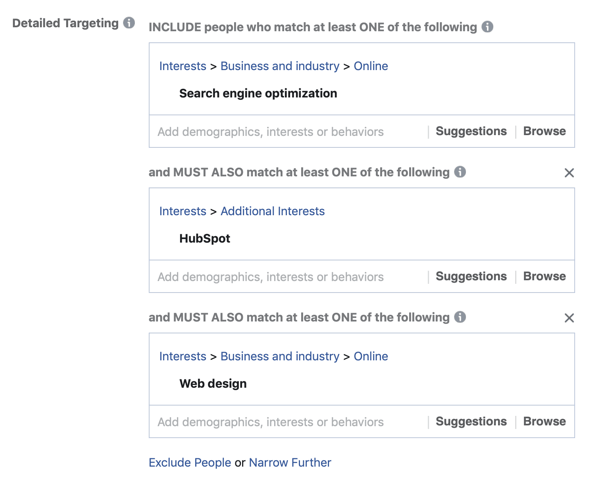 Primer dodajanja tretje plasti rezultatov v zanimanja občinstva za Facebook oglase z uporabo drugega polja MORA TUDI ujemanje.